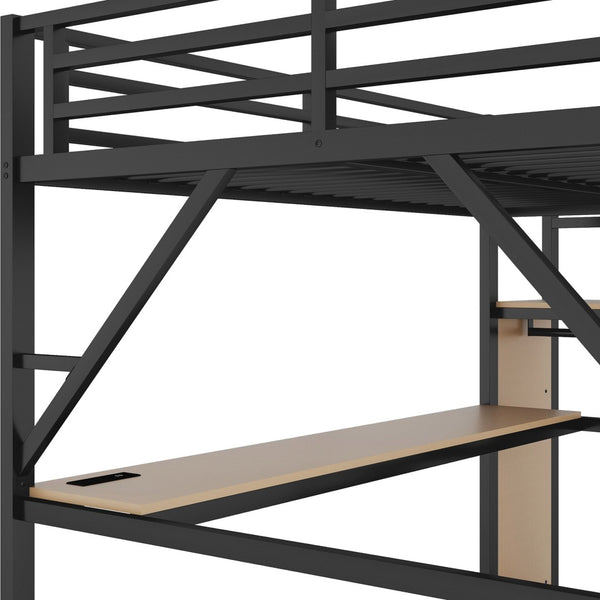 English Elm Queen Metal Loft Bed with Desk Stairs Rgb Lighting and Built-in Charging Station W2580S00053