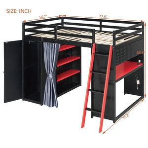 English Elm Full Size Wood Loft Bed with Wardrobe Desk Shelves Rgb Lighting and Blackout Curtains Black+Red LT000269AAJ-1