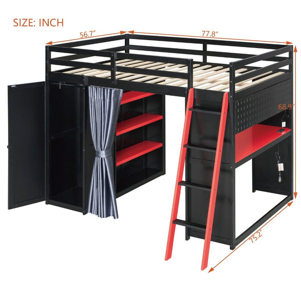 English Elm Full Size Wood Loft Bed with Wardrobe Desk Shelves Rgb Lighting and Blackout Curtains Black+Red LT000269AAJ-1