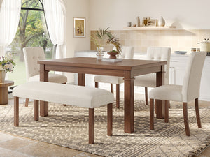 English Elm 6-piece Rectangular Dining Set with Wood Grain Table Four Upholstered Chairs and Bench Walnut N752S000012D