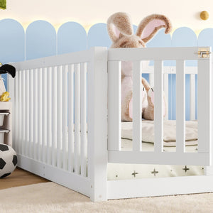 English Elm Queen Kids Floor Bed Pine Wood Frame with Safety Rails Door and Low Profile Design Light White W1580P417672