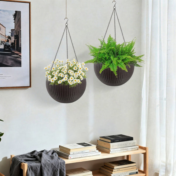 English Elm 13.4 Inch Rattan Texture Self Watering Hanging Planter with Reservoir for Balcony Brown W3213P383079