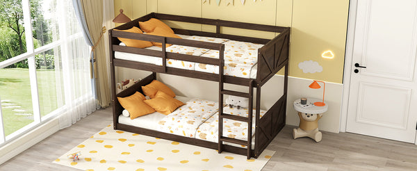 English Elm Twin Twin over Twin Floor Bunk Bed with Rustic Panel Headboards, Solid Rubberwood Frame, Space-Saving Design Antique Dark Oak W504P263818