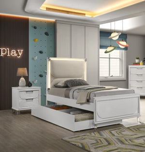 English Elm Contemporary Glam Twin Bed Set with Led Headboard Embossed Panels and Trundle Included B2741S00386