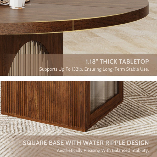 English Elm 47 Inch Round Walnut Dining Table with Ribbed Glass Storage Pedestal Seats Six T5618P448234