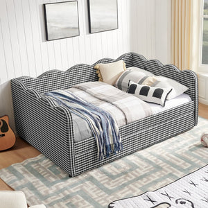 English Elm Full Size Gingham Linen Daybed with Wave Backrest Trundle and Usb Charging Port Black W1413S00141