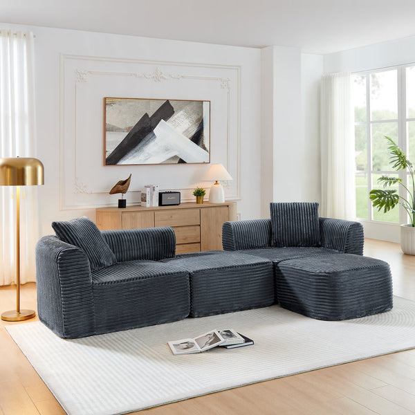 English Elm 114" Cloud Sectional Couch with L-Shape Chaise Modular Corduroy Sofa with Movable Ottoman, No Assembly Required, Plush Comfort for Living Spaces Grey W1117P371652