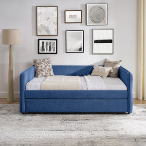 English Elm Full Size Boucle Daybed with Pop up Trundle Tufted Upholstered Sofa Sleeping Blue W1413S00176