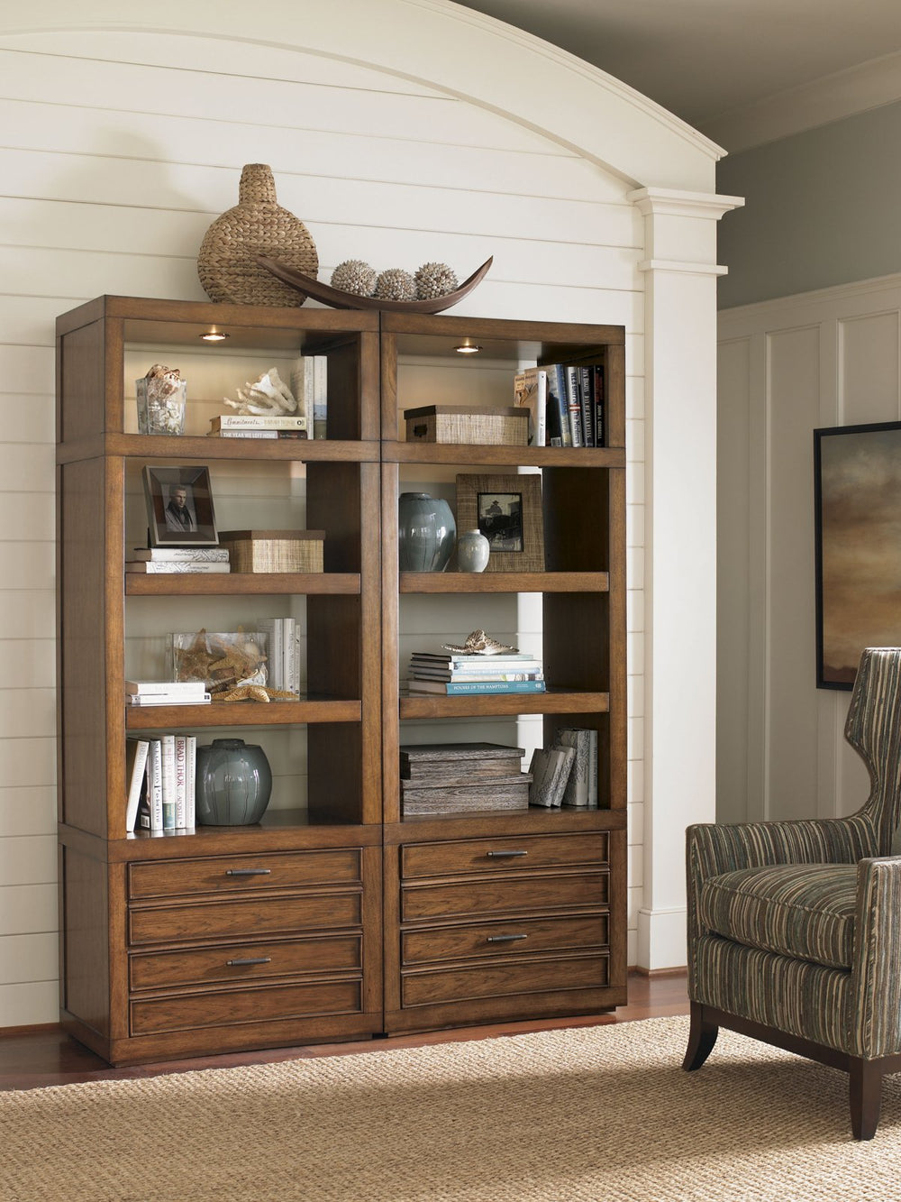 Lexington Crystal Sands Hickory Veneer Bookcase with Glass Shelves and Touch Activated Lighting 279LK-645