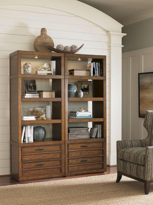 Crystal Sands Hickory Veneer Bookcase with Glass Shelves and Touch Activated Lighting