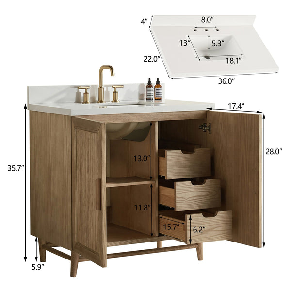 English Elm Fully Assembled 36'' Light Coffee Single Sink Bathroom Vanity With Solid Wood & Engineered Top W1826P343430