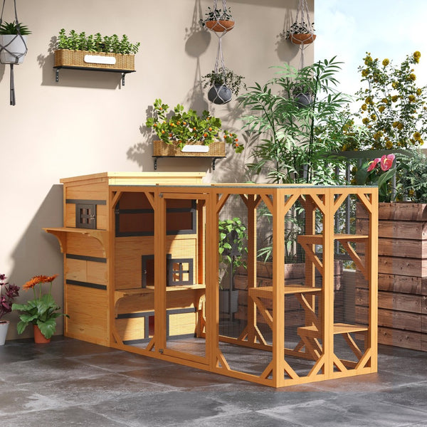 English Elm Pawhut Three Story Fir Wood Cat Condo Raised Floor Asphalt Roof Outdoor Shelter W2225P173761