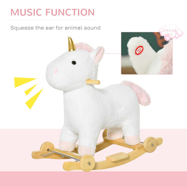 English Elm Qaba Plush Unicorn Rocker Ride on Toy with Wood Base Sound and Rolling Play W2225P229214