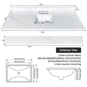 English Elm 61-inch Carrara Quartz Vanity Top Undermount Sink Backsplash Stain Resistant Bath W2699P459410