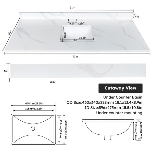 English Elm 61-inch Carrara Quartz Vanity Top Undermount Sink Backsplash Stain Resistant Bath W2699P459410