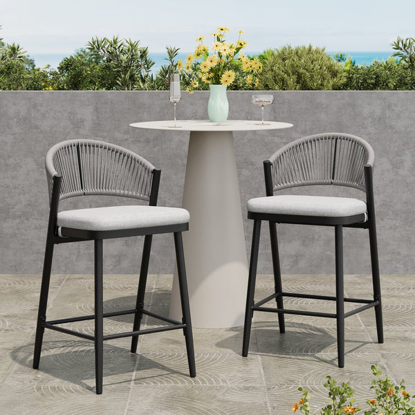 English Elm Christopher Knight Home® - Outdoor 26" High Metal Frame Counter Stools, Set Of 2 With Scallop Backrest & Cushions, Black Finish N772P245123B