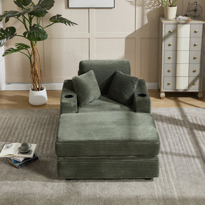 English Elm [New]Corduroy Upholstered Chaise Lounge Sofa with Detachable Cushions, Deep Seat, Cup Holders Green W2120P322754