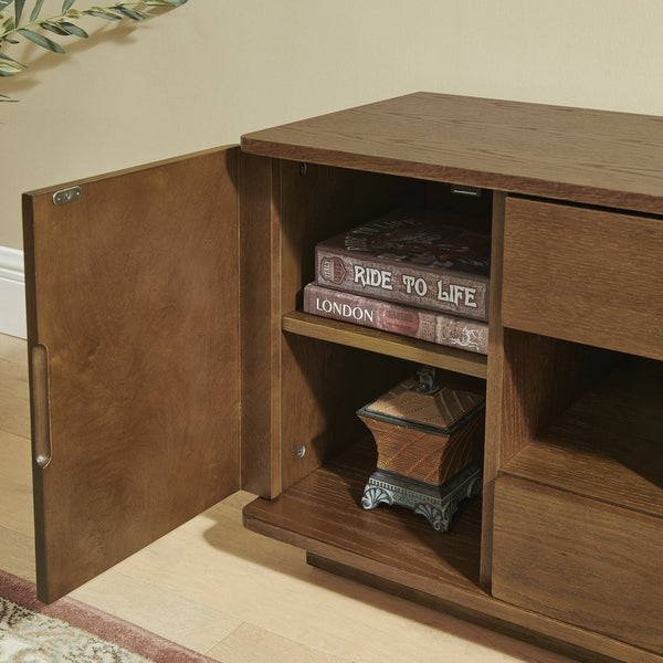 English Elm 59" Mid-century Walnut Entertainment Center Low Profile Media Console with Carved Cabinets W1801P457802