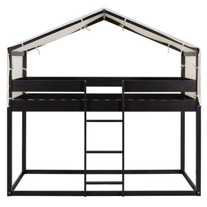 English Elm Twin Over Kids Bunk Bed with Tent Canopy Farmhouse Pinewood Playroom Frame Espresso N708P248523P