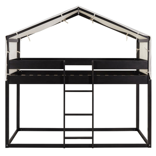 English Elm Twin Over Kids Bunk Bed with Tent Canopy Farmhouse Pinewood Playroom Frame Espresso N708P248523P