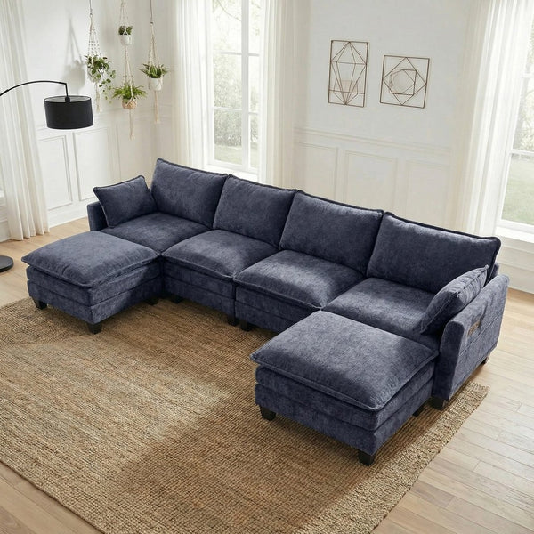 English Elm Modern Chenille Three Seat Sofa with Ottoman Usb Charging Ports and Storage Pockets Blue W2519S00004
