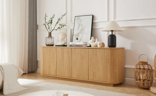 English Elm Sideboard Modern Wave-Pattern Storage Cabinet | 64" Wide TV Stand with Press-Open Doors & Adjustable Shelves Natural W1162P356393
