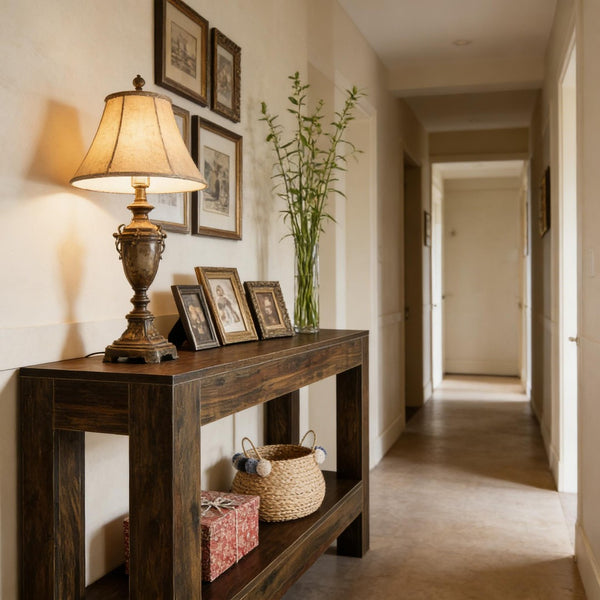 English Elm Practical Geometric Console Table with Matte Black Wood Grain Finish for Entryway or Sofa T3971P453725