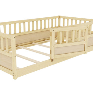English Elm Twin Size Floor Bed With High Security Barrier & Child-Safe Door - Montessori Natural Wood Frame W1858P197426-GIGA