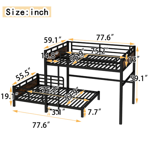 English Elm Full Metal Bunk Bed - Versatile Full-Over-Full Design With Vintage Wood Finish & Safety Fence W1580S00226