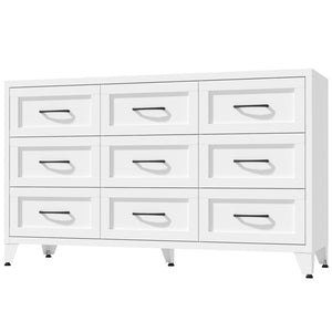 English Elm 9 Drawer Steel Dresser Low Profile White Powder Coated Frame Quiet Glide Bedroom Storage T2398P465982