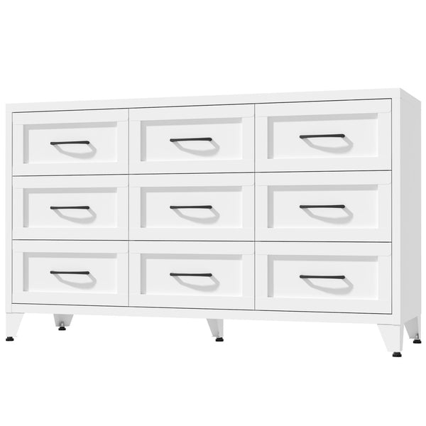 English Elm 9 Drawer Steel Dresser Low Profile White Powder Coated Frame Quiet Glide Bedroom Storage T2398P465982