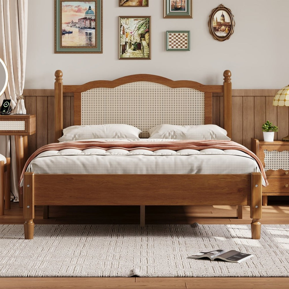 English Elm Full Size Walnut Platform Bed with Arched Rattan Headboard for Coastal Bohemian Rooms N733P180014D