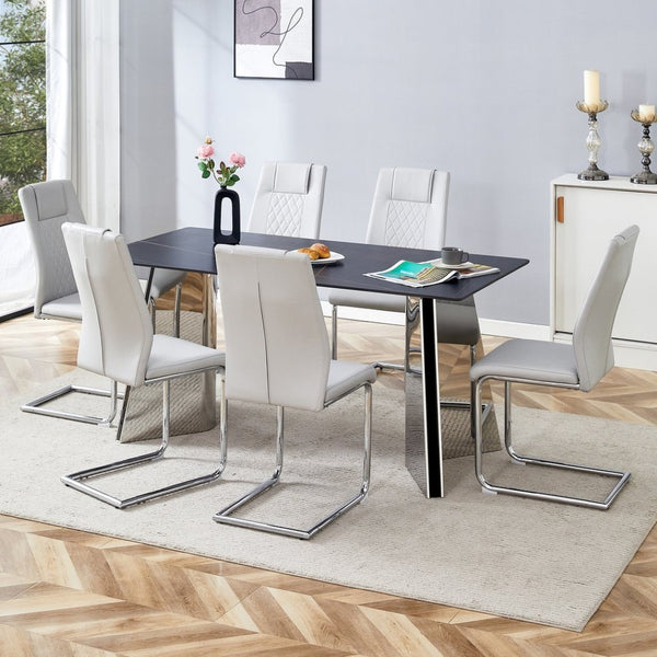 English Elm Table Set With Black Marble Top & Stainless Steel Legs - 6 Light Gray Pu Chairs For Modern Dining W1151S01964-GIGA