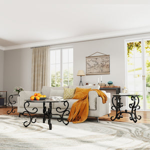 English Elm 3 Piece Tempered Glass Surface Coffee Table Set – Rustic Black Design For Elegant Living Room Décor W2167P220517