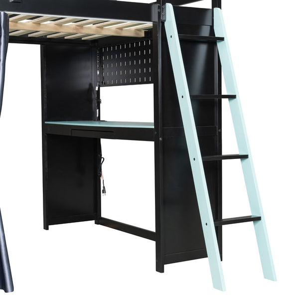 English Elm Full Size Wood Loft Bed with Wardrobe Desk Shelves Rgb Lighting and Blackout Curtains Black+Blue LT000269AAC-1