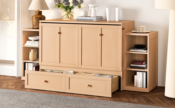 English Elm Full Golden Murphy Bed with Storage Drawers & Shelves, Space-Saving Wall Cabinet for Guests W1580S00254