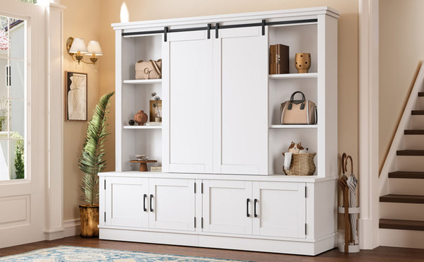 English Elm The Industrial Barn Door Entryway Cabinet with Sliding Rails and 12 Storage Compartments White W1580S00271