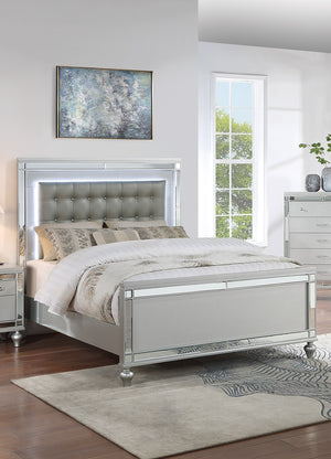 English Elm Beautiful Tufted Faux Leather Queen Bed with LED Lighting, Mirror Panels, Gourd Legs, Glamorous Design Silver 84 L x 47 W x 6 H B011S01406