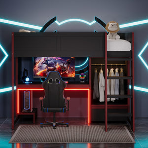 English Elm Wood Twin Gaming Loft Bed with Desk, Wardrobe, LED Lighting & Drawer — Space-Saving Black Red Accent, 400lb Capacity N7090004010B