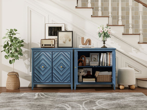 English Elm Geometric Diamond Embossed Sideboard Cabinet Matte Vintage Mdf Entryway Storage Blue W688P364739