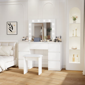 English Elm Large White Vanity Table with Mirror & Lights, 4 Deep Drawers, Durable E1 Particleboard, Matte Finish W2139P179891