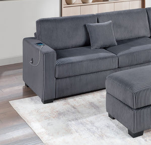 English Elm Dark Gray Wide-Welt Corduroy Sectional Sofa 3pc L-Shaped Reversible Chaise w/ USB Storage Ottoman B011S01771