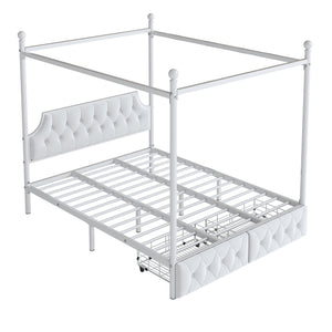English Elm Queen Metal Canopy Platform Bed with Upholstered Velvet Headboard, Built-In Storage Drawers, White Elegance DL000656AAK