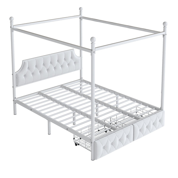 English Elm Queen Metal Canopy Platform Bed with Upholstered Velvet Headboard, Built-In Storage Drawers, White Elegance DL000656AAK
