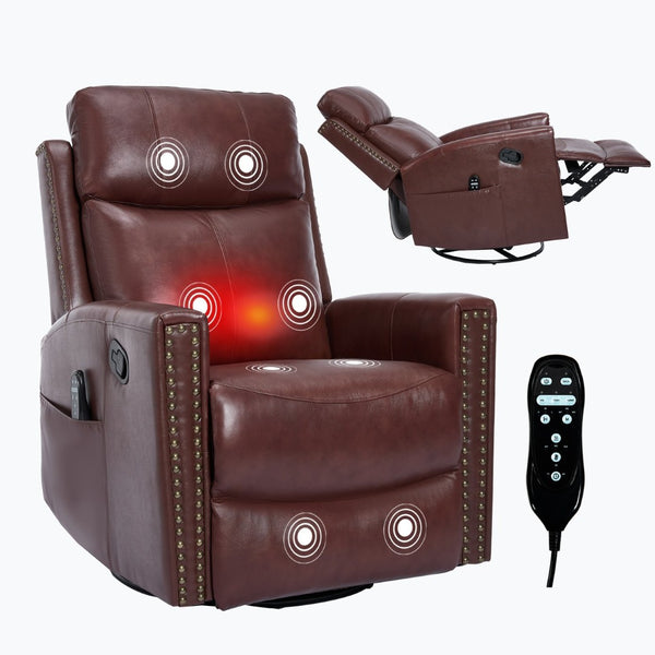 English Elm Wine Red Genuine Leather Swivel Rocker Recliner with Massage Heat for Living Room W1803P323712