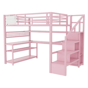 English Elm Full Size Steel Loft Bed with Staircase Storage Wardrobe Desk and Led Lighting Pink W2593S00077