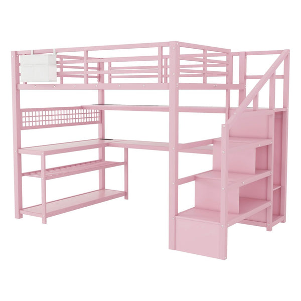 English Elm Full Size Steel Loft Bed with Staircase Storage Wardrobe Desk and Led Lighting Pink W2593S00077