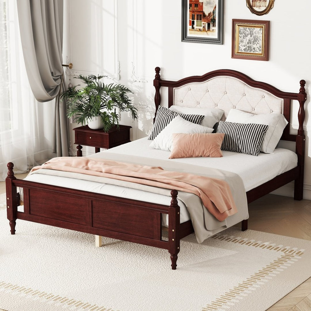 English Elm Queen Pine Wood Bed Upholstered Headboard Panel Footboard Classic Cherry Finish W504P181801