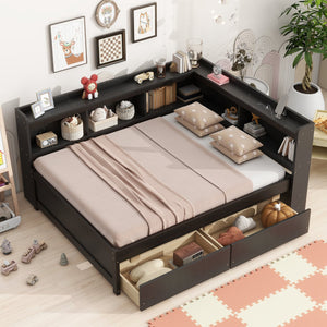 English Elm Full Size L-Shaped Bed With Bookcases, Usb Ports & Storage Drawers - Smart Space-Saving Solution! W504S00220
