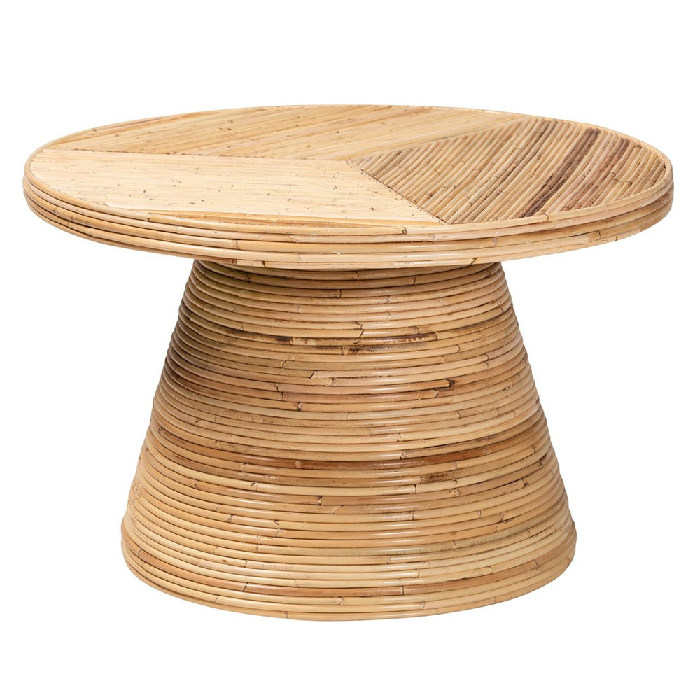 English Elm Modern Handwoven Rattan Round Coffee Table with Tapered Mahogany Base for Boho Living B2750P420403